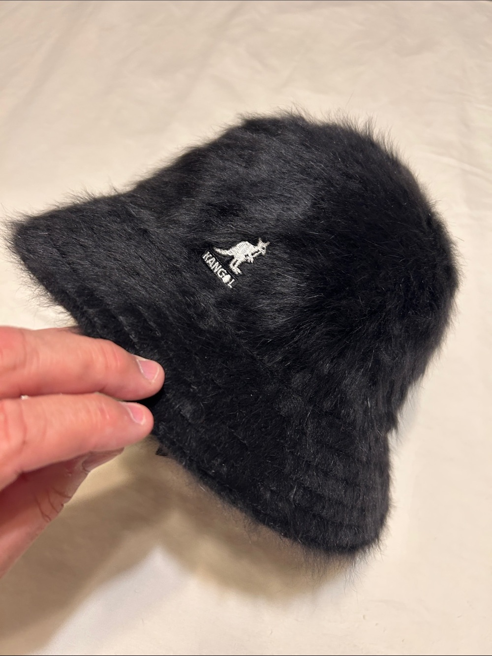Kangol Kids Black Faux Fur Bucket Hat with Embroidered Logo